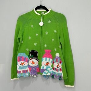 Heirloom Collectibles Christmas Snowman‎ Applique Zip Up Sweater P M Green